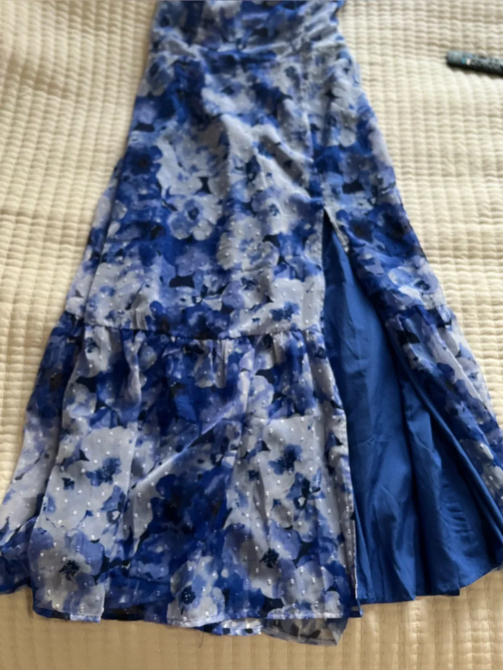 Strapless Blue Floral Maxi Dress with Side Slit